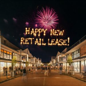 AI generated image of fireworks over a shopping strip. The fireworks form the words "Happy New Retail Lease!"